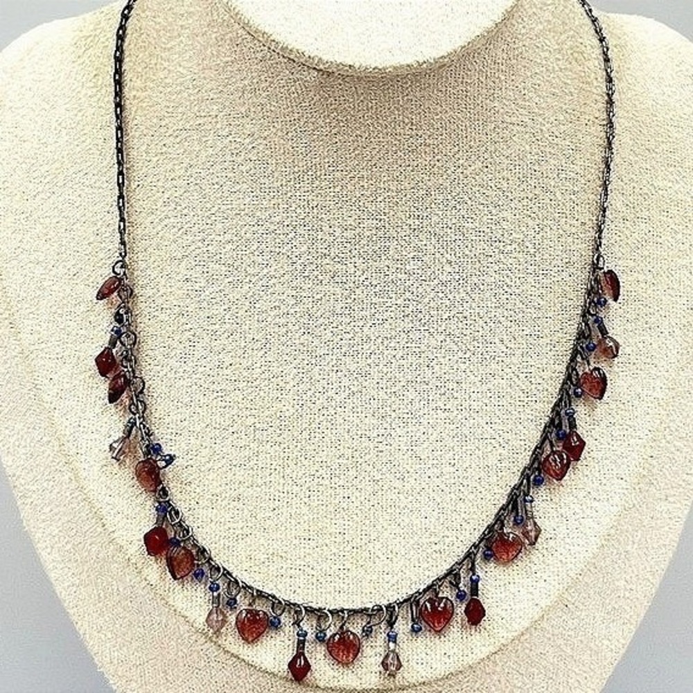 Vintage Retro Gunmetal‎ Heart Charm Dangle Necklace Purple Red Blue Beaded Y2K
